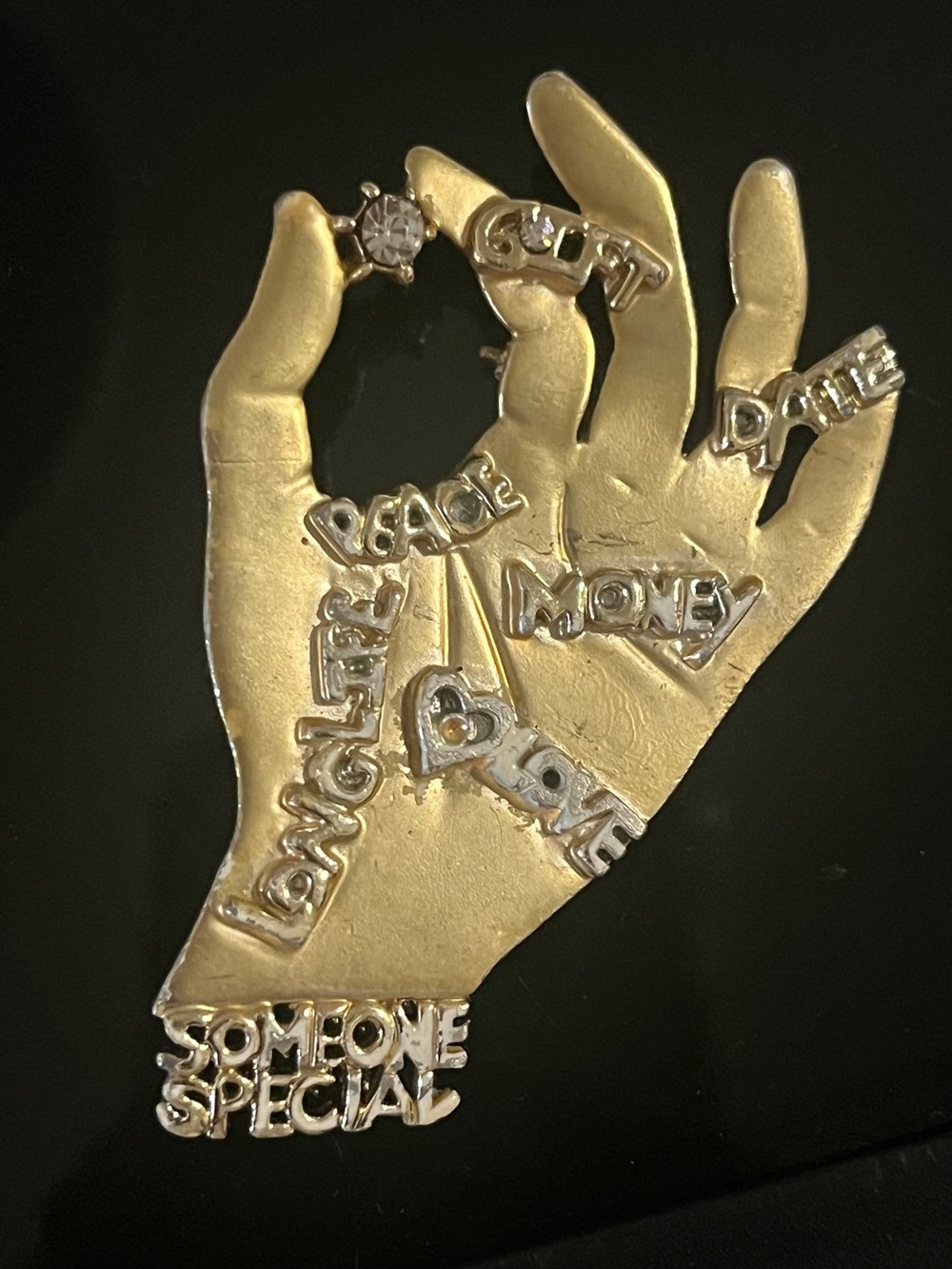 Vintage MMA signed affirmation palmistry hand brooch pin gold toned rhinestones